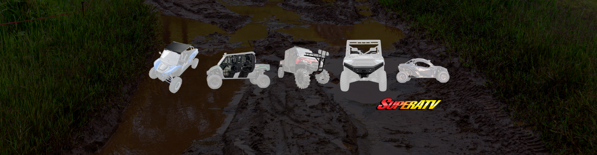 SuperATV products with overlay background of muddy road