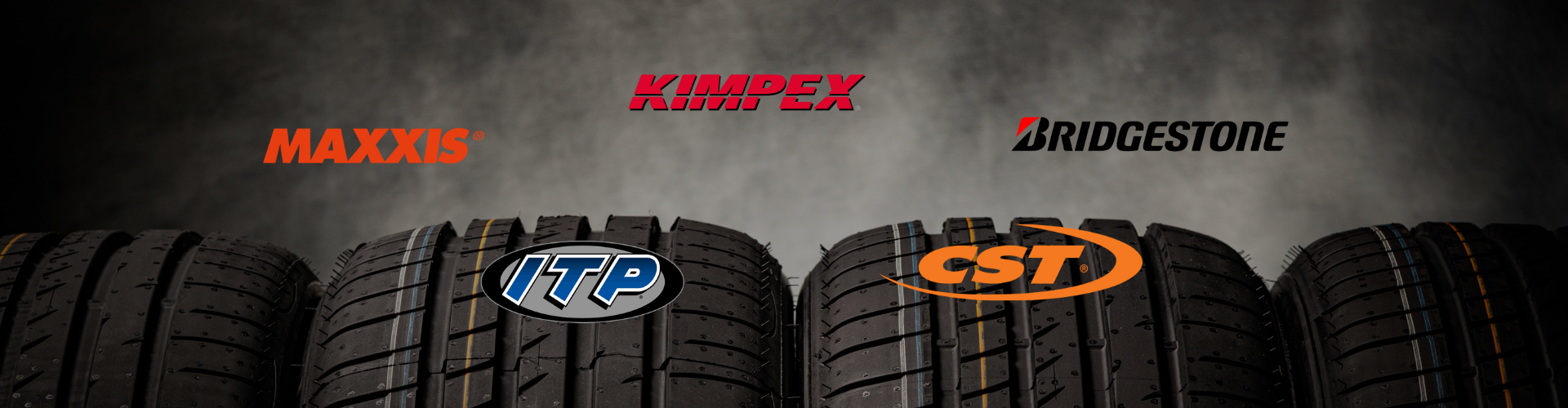 List of 5 tire brands, Maxxis, Kimpex, Bridgestone, ITP, CST, with overlay background of tire